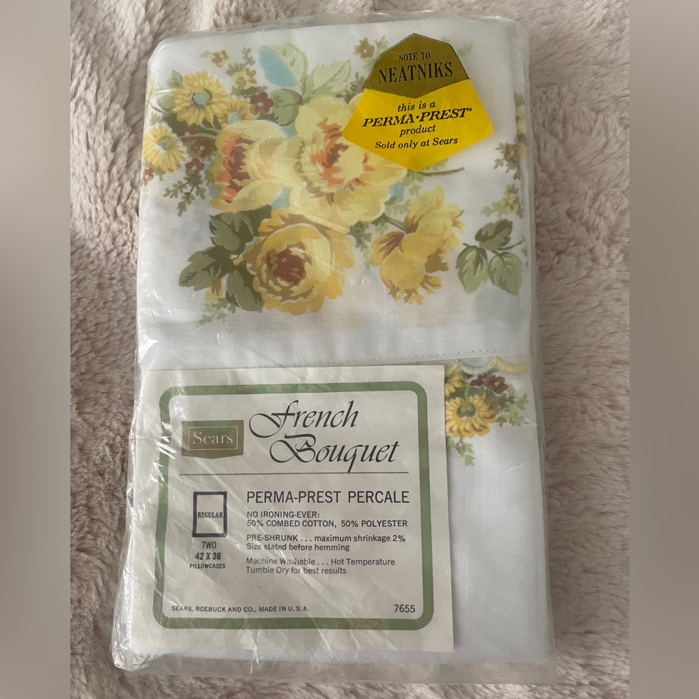 Vintage Sears French Bouquet Perma-Prest Percale regular pillowcases 2 count nwt
